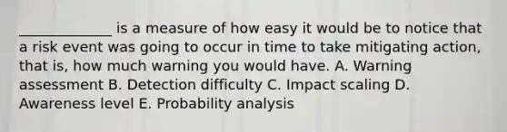 _____________ is a measure of how easy it would be to notice that a risk event was going to occur in time to take mitigating action, that is, how much warning you would have. A. Warning assessment B. Detection difficulty C. Impact scaling D. Awareness level E. Probability analysis