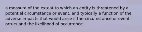 a measure of the extent to which an entity is threatened by a potential circumstance or event, and typically a function of the adverse impacts that would arise if the circumstance or event orrurs and the likelihood of occurrence