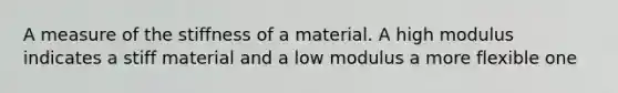 A measure of the stiffness of a material. A high modulus indicates a stiff material and a low modulus a more flexible one