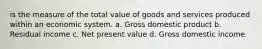 is the measure of the total value of goods and services produced within an economic system. a. Gross domestic product b. Residual income c. Net present value d. Gross domestic income