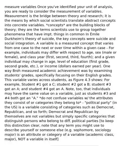 measure variables Once you've identified your unit of analysis, you are ready to consider the measurement of variables. Measurement is the bridge between theory and research; it is the means by which social scientists translate abstract concepts into concrete variables. *concepts* are the building blocks of theory; they are the terms scientists use to group together phenomena that have impt. things in common In Émile Durkheim's theory of suicide, the key concepts were suicide and social integration. A variable is a measured concept that varies from one case to the next or over time within a given case - For example, individuals may differ with respect to age, sex (male or female), and class year (first, second, third, fourth); and a given individual may change in age, level of education (first grade, second grade, etc.), or income (dollars earned per year). One way Broh measured academic achievement was by examining students' grades, specifically focusing on their English grades. This variable varies across students, as Figure 4.3 shows: For example, Student #1 got a C; student #2 got a B; student #3 got an A; and student #4 got an A. Note, too, that individuals may have the same value on a variable, just as students #3 and #4 both got an "A." *do not confuse variables w/ the attributes they consist of or categories they belong to* - "political party" (in the US) is a variable consisting of categories such as Democrat, Republican, and so forth; Democrat and Republican by themselves are not variables but simply specific categories that distinguish persons who belong to diff. political parties [to keep this distinction clear, note that any term you might use to describe yourself or someone else (e.g. sophomore, sociology major) is an attribute or category of a variable (academic class, major), NOT a variable in itself]