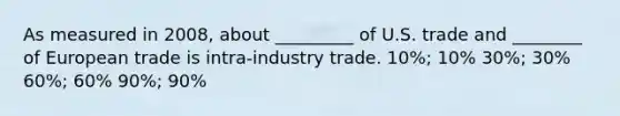 As measured in 2008, about _________ of U.S. trade and ________ of European trade is intra-industry trade. 10%; 10% 30%; 30% 60%; 60% 90%; 90%