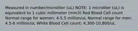 Measured in number/microliter (uL) NOTE: 1 microliter (uL) is equivalent to 1 cubic millimeter (mm3) Red Blood Cell count Normal range for women: 4-5.5 million/uL Normal range for men: 4.5-6 million/uL White Blood Cell count: 4,300-10,800/uL