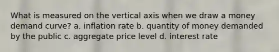 What is measured on the vertical axis when we draw a money demand curve? a. inflation rate b. quantity of money demanded by the public c. aggregate price level d. interest rate