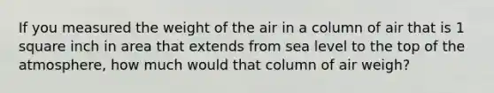 If you measured the weight of the air in a column of air that is 1 square inch in area that extends from sea level to the top of the atmosphere, how much would that column of air weigh?