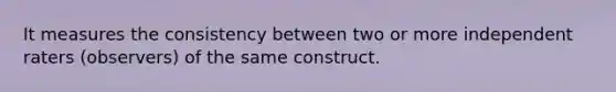 It measures the consistency between two or more independent raters (observers) of the same construct.