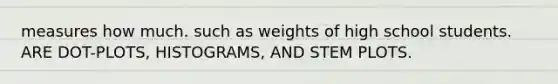 measures how much. such as weights of high school students. ARE DOT-PLOTS, HISTOGRAMS, AND STEM PLOTS.