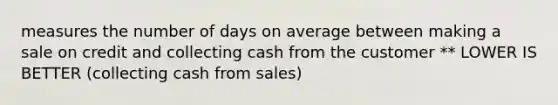 measures the number of days on average between making a sale on credit and collecting cash from the customer ** LOWER IS BETTER (collecting cash from sales)