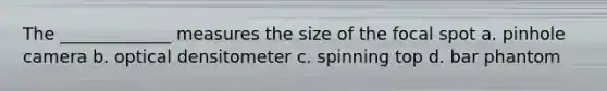 The _____________ measures the size of the focal spot a. pinhole camera b. optical densitometer c. spinning top d. bar phantom