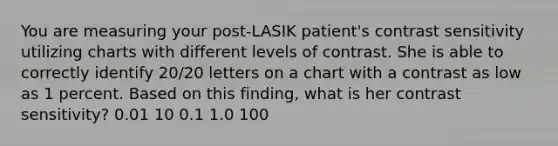 You are measuring your post-LASIK patient's contrast sensitivity utilizing charts with different levels of contrast. She is able to correctly identify 20/20 letters on a chart with a contrast as low as 1 percent. Based on this finding, what is her contrast sensitivity? 0.01 10 0.1 1.0 100