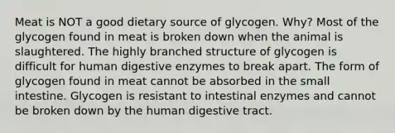 Meat is NOT a good dietary source of glycogen. Why? Most of the glycogen found in meat is broken down when the animal is slaughtered. The highly branched structure of glycogen is difficult for human digestive enzymes to break apart. The form of glycogen found in meat cannot be absorbed in the small intestine. Glycogen is resistant to intestinal enzymes and cannot be broken down by the human digestive tract.