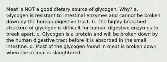 Meat is NOT a good dietary source of glycogen. Why? a. Glycogen is resistant to intestinal enzymes and cannot be broken down by the human digestive tract. b. The highly branched structure of glycogen is difficult for human digestive enzymes to break apart. c. Glycogen is a protein and will be broken down by the human digestive tract before it is absorbed in the small intestine. d. Most of the glycogen found in meat is broken down when the animal is slaughtered.