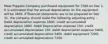 Meat Puppets Company purchased equipment for 7200 on Dec 1. It is estimated that the annual depreciation on the equipment will be 1800. If financial statements are to be prepared on Dec 31, the company should make the following adjusting entry. -Debit depreciation expense 1800; credit accumulated depreciation 1800 -Debit Depreciation expense 150; credit accumulated depreciation 150 -debit depreciation expense 5400; credit accumulated depreciation 5400 -debit equipment 7200; credit accumulated depreciation 7200