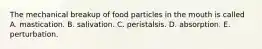 The mechanical breakup of food particles in the mouth is called A. mastication. B. salivation. C. peristalsis. D. absorption. E. perturbation.