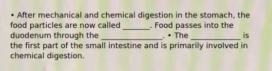 • After mechanical and chemical digestion in the stomach, the food particles are now called _______. Food passes into the duodenum through the ________________. • The _____________ is the first part of the small intestine and is primarily involved in chemical digestion.