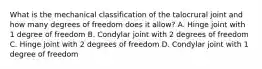 What is the mechanical classification of the talocrural joint and how many degrees of freedom does it allow? A. Hinge joint with 1 degree of freedom B. Condylar joint with 2 degrees of freedom C. Hinge joint with 2 degrees of freedom D. Condylar joint with 1 degree of freedom