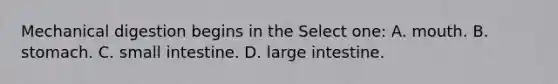 Mechanical digestion begins in the Select one: A. mouth. B. stomach. C. small intestine. D. <a href='https://www.questionai.com/knowledge/kGQjby07OK-large-intestine' class='anchor-knowledge'>large intestine</a>.