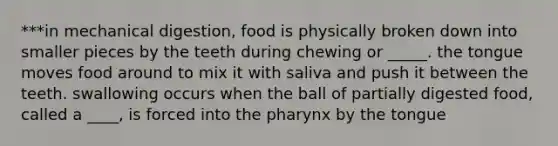 ***in mechanical digestion, food is physically broken down into smaller pieces by the teeth during chewing or _____. the tongue moves food around to mix it with saliva and push it between the teeth. swallowing occurs when the ball of partially digested food, called a ____, is forced into the pharynx by the tongue