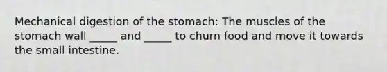 Mechanical digestion of the stomach: The muscles of the stomach wall _____ and _____ to churn food and move it towards the small intestine.