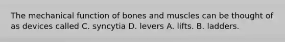 The mechanical function of bones and muscles can be thought of as devices called C. syncytia D. levers A. lifts. B. ladders.