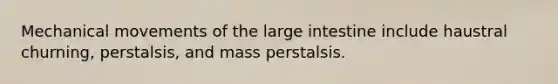 Mechanical movements of the large intestine include haustral churning, perstalsis, and mass perstalsis.