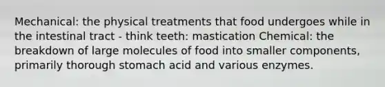 Mechanical: the physical treatments that food undergoes while in the intestinal tract - think teeth: mastication Chemical: the breakdown of large molecules of food into smaller components, primarily thorough stomach acid and various enzymes.