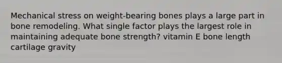 Mechanical stress on weight-bearing bones plays a large part in bone remodeling. What single factor plays the largest role in maintaining adequate bone strength? vitamin E bone length cartilage gravity