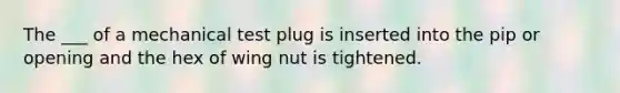 The ___ of a mechanical test plug is inserted into the pip or opening and the hex of wing nut is tightened.