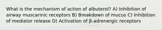 What is the mechanism of action of albuterol? A) Inhibition of airway muscarinic receptors B) Breakdown of mucus C) Inhibition of mediator release D) Activation of β-adrenergic receptors