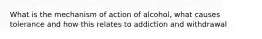 What is the mechanism of action of alcohol, what causes tolerance and how this relates to addiction and withdrawal