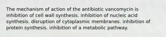 The mechanism of action of the antibiotic vancomycin is inhibition of cell wall synthesis. inhibition of nucleic acid synthesis. disruption of cytoplasmic membranes. inhibition of <a href='https://www.questionai.com/knowledge/kVyphSdCnD-protein-synthesis' class='anchor-knowledge'>protein synthesis</a>. inhibition of a metabolic pathway.