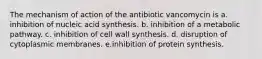 The mechanism of action of the antibiotic vancomycin is a. inhibition of nucleic acid synthesis. b. inhibition of a metabolic pathway. c. inhibition of cell wall synthesis. d. disruption of cytoplasmic membranes. e.inhibition of protein synthesis.