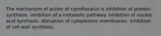 The mechanism of action of ciprofloxacin is inhibition of <a href='https://www.questionai.com/knowledge/kVyphSdCnD-protein-synthesis' class='anchor-knowledge'>protein synthesis</a>. inhibition of a metabolic pathway. inhibition of nucleic acid synthesis. disruption of cytoplasmic membranes. inhibition of cell wall synthesis.