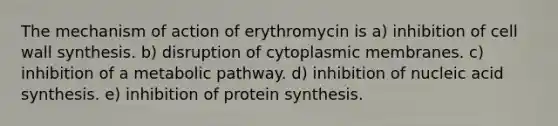 The mechanism of action of erythromycin is a) inhibition of cell wall synthesis. b) disruption of cytoplasmic membranes. c) inhibition of a metabolic pathway. d) inhibition of nucleic acid synthesis. e) inhibition of <a href='https://www.questionai.com/knowledge/kVyphSdCnD-protein-synthesis' class='anchor-knowledge'>protein synthesis</a>.