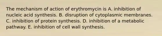 The mechanism of action of erythromycin is A. inhibition of nucleic acid synthesis. B. disruption of cytoplasmic membranes. C. inhibition of protein synthesis. D. inhibition of a metabolic pathway. E. inhibition of cell wall synthesis.