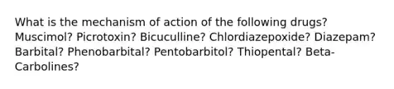 What is the mechanism of action of the following drugs? Muscimol? Picrotoxin? Bicuculline? Chlordiazepoxide? Diazepam? Barbital? Phenobarbital? Pentobarbitol? Thiopental? Beta-Carbolines?