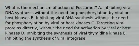 What is the mechanism of action of Foscarnet? A. Inhibiting viral DNA synthesis without the need for phosphorylation by viral or host kinases B. Inhibiting viral RNA synthesis without the need for phosphorylation by viral or host kinases C. Targeting viral proteins directly, without the need for activation by viral or host kinases D. Inhibiting the synthesis of viral thymidine kinase E. Inhibiting the synthesis of viral integrase