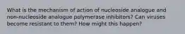 What is the mechanism of action of nucleoside analogue and non-nucleoside analogue polymerase inhibitors? Can viruses become resistant to them? How might this happen?