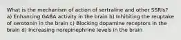 What is the mechanism of action of sertraline and other SSRIs? a) Enhancing GABA activity in the brain b) Inhibiting the reuptake of serotonin in the brain c) Blocking dopamine receptors in the brain d) Increasing norepinephrine levels in the brain