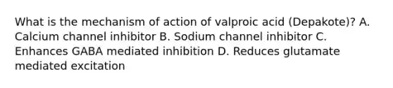 What is the mechanism of action of valproic acid (Depakote)? A. Calcium channel inhibitor B. Sodium channel inhibitor C. Enhances GABA mediated inhibition D. Reduces glutamate mediated excitation