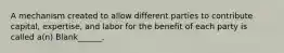 A mechanism created to allow different parties to contribute capital, expertise, and labor for the benefit of each party is called a(n) Blank______.