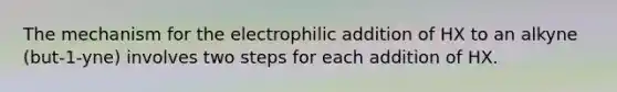 The mechanism for the electrophilic addition of HX to an alkyne (but-1-yne) involves two steps for each addition of HX.