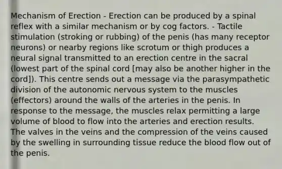 Mechanism of Erection - Erection can be produced by a spinal reflex with a similar mechanism or by cog factors. - Tactile stimulation (stroking or rubbing) of the penis (has many receptor neurons) or nearby regions like scrotum or thigh produces a neural signal transmitted to an erection centre in the sacral (lowest part of the spinal cord [may also be another higher in the cord]). This centre sends out a message via the parasympathetic division of the autonomic nervous system to the muscles (effectors) around the walls of the arteries in the penis. In response to the message, the muscles relax permitting a large volume of blood to flow into the arteries and erection results. The valves in the veins and the compression of the veins caused by the swelling in surrounding tissue reduce the blood flow out of the penis.