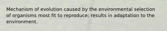 Mechanism of evolution caused by the environmental selection of organisms most fit to reproduce; results in adaptation to the environment.