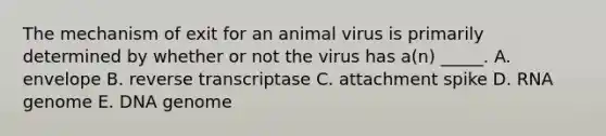 The mechanism of exit for an animal virus is primarily determined by whether or not the virus has a(n) _____. A. envelope B. reverse transcriptase C. attachment spike D. RNA genome E. DNA genome