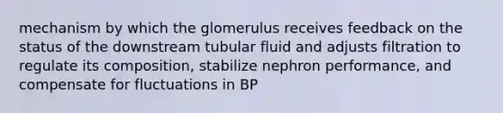 mechanism by which the glomerulus receives feedback on the status of the downstream tubular fluid and adjusts filtration to regulate its composition, stabilize nephron performance, and compensate for fluctuations in BP