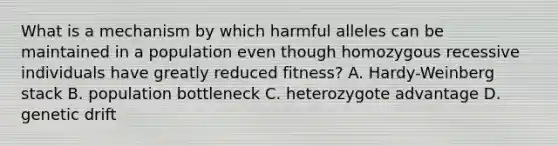 What is a mechanism by which harmful alleles can be maintained in a population even though homozygous recessive individuals have greatly reduced fitness? A. Hardy-Weinberg stack B. population bottleneck C. heterozygote advantage D. genetic drift