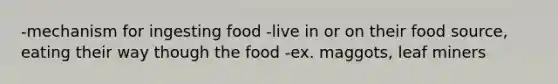 -mechanism for ingesting food -live in or on their food source, eating their way though the food -ex. maggots, leaf miners