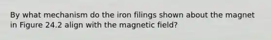 By what mechanism do the iron filings shown about the magnet in Figure 24.2 align with the magnetic field?