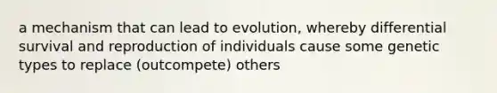 a mechanism that can lead to evolution, whereby differential survival and reproduction of individuals cause some genetic types to replace (outcompete) others